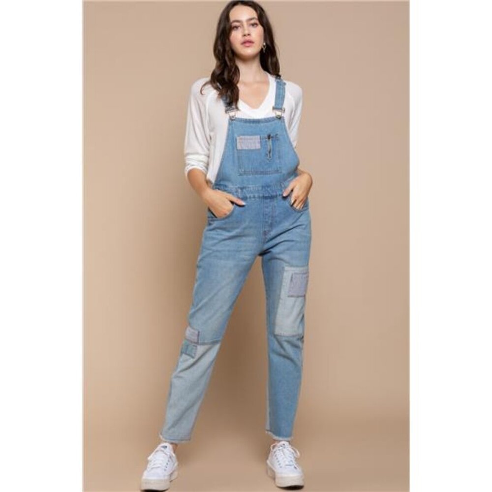 * NWT * POL Slim Leg Denim Overalls, Patchwork Look, Raw Hem, 100% Cotton - Picture 1 of 4